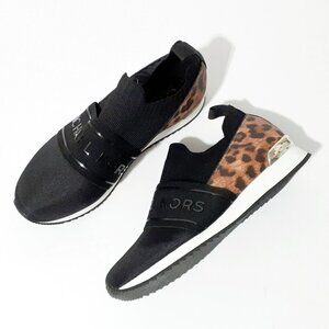 NWOT MICHAEL Michael Kors black & animal print laceless pull on logo sneaker 7.5